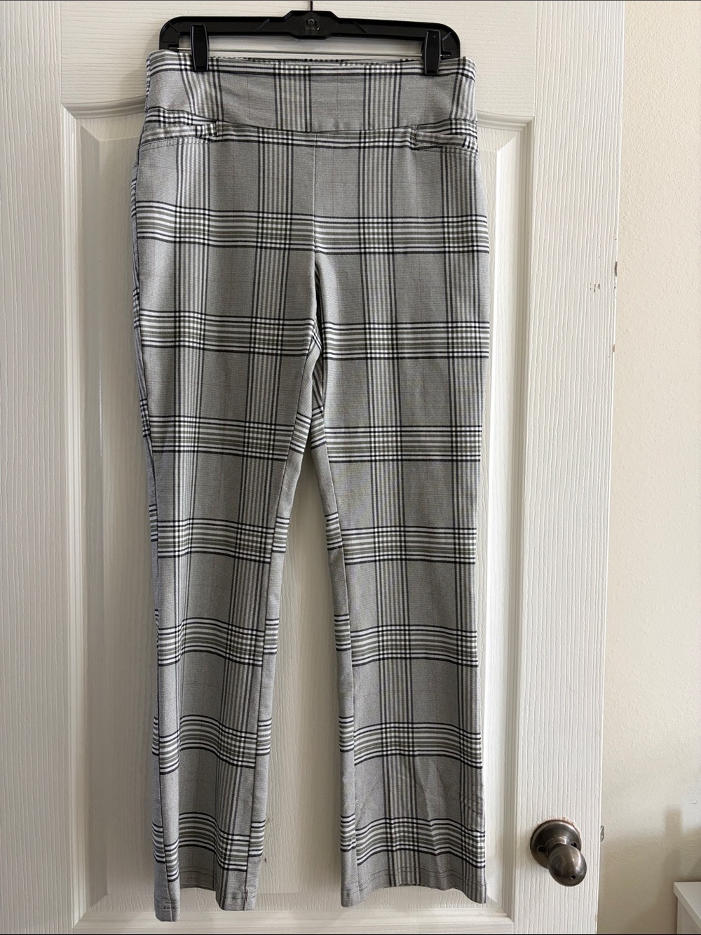 Plaid Pull On Career Pants Black Gray Business Casual Trousers